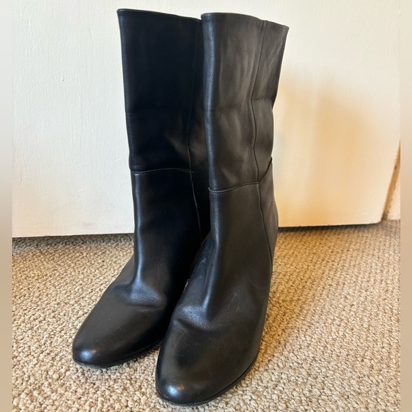 MAJE Foxy Black Genuine Leather Mid Calf Wide Slip On Round Toe Block Heel Boots - Picture 4 of 12